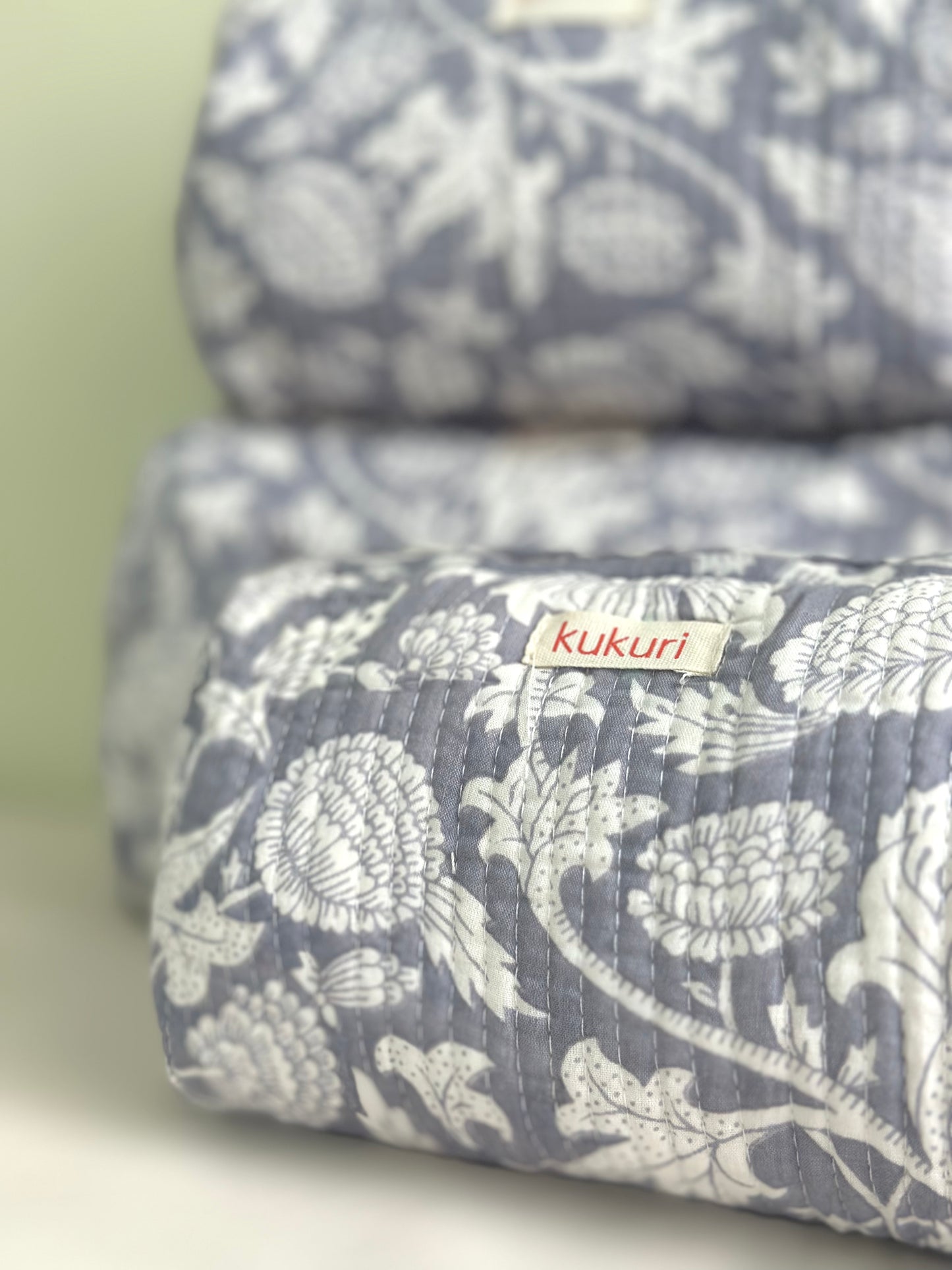 Grey-White Heritage Floral Print Pouches (Set of 3)