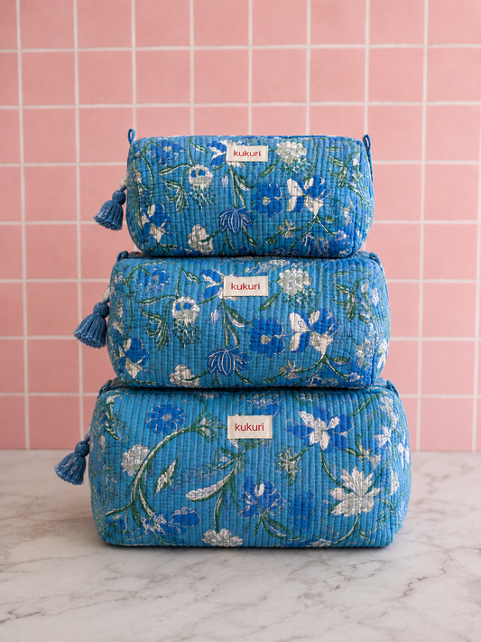 Blue Floral Pouches (Set of 3 )