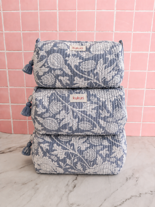 Grey-White Heritage Floral Print Pouches (Set of 3)