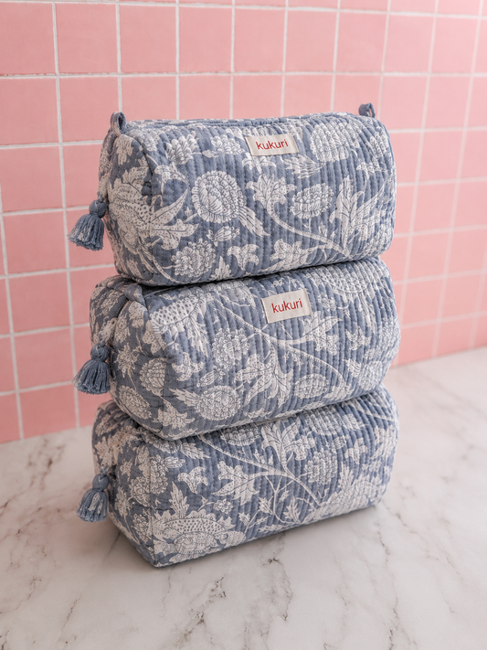 Grey-White Heritage Floral Print Pouches (Set of 3)