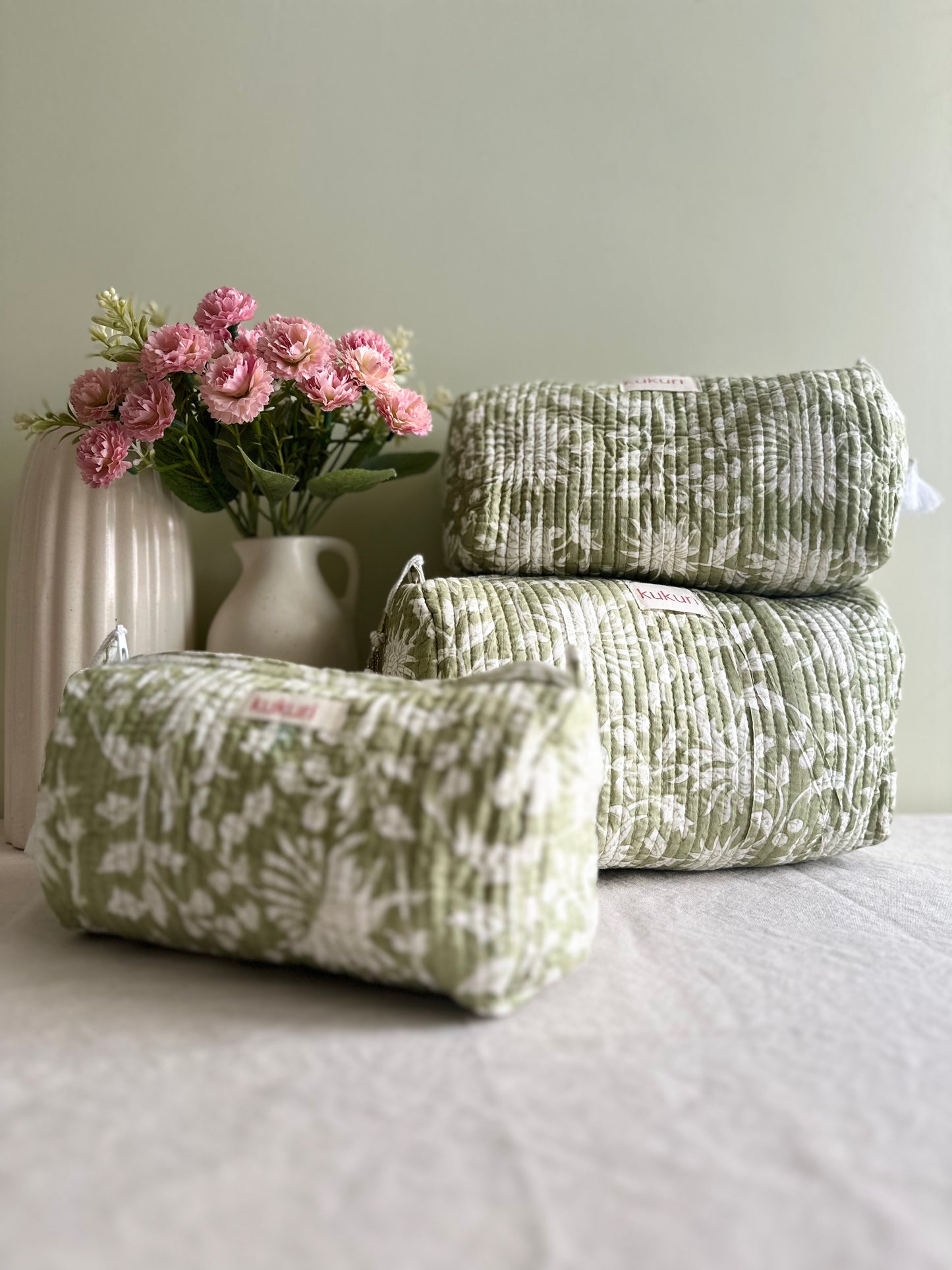 Soft Sage Floral Pouch (Set of 3)