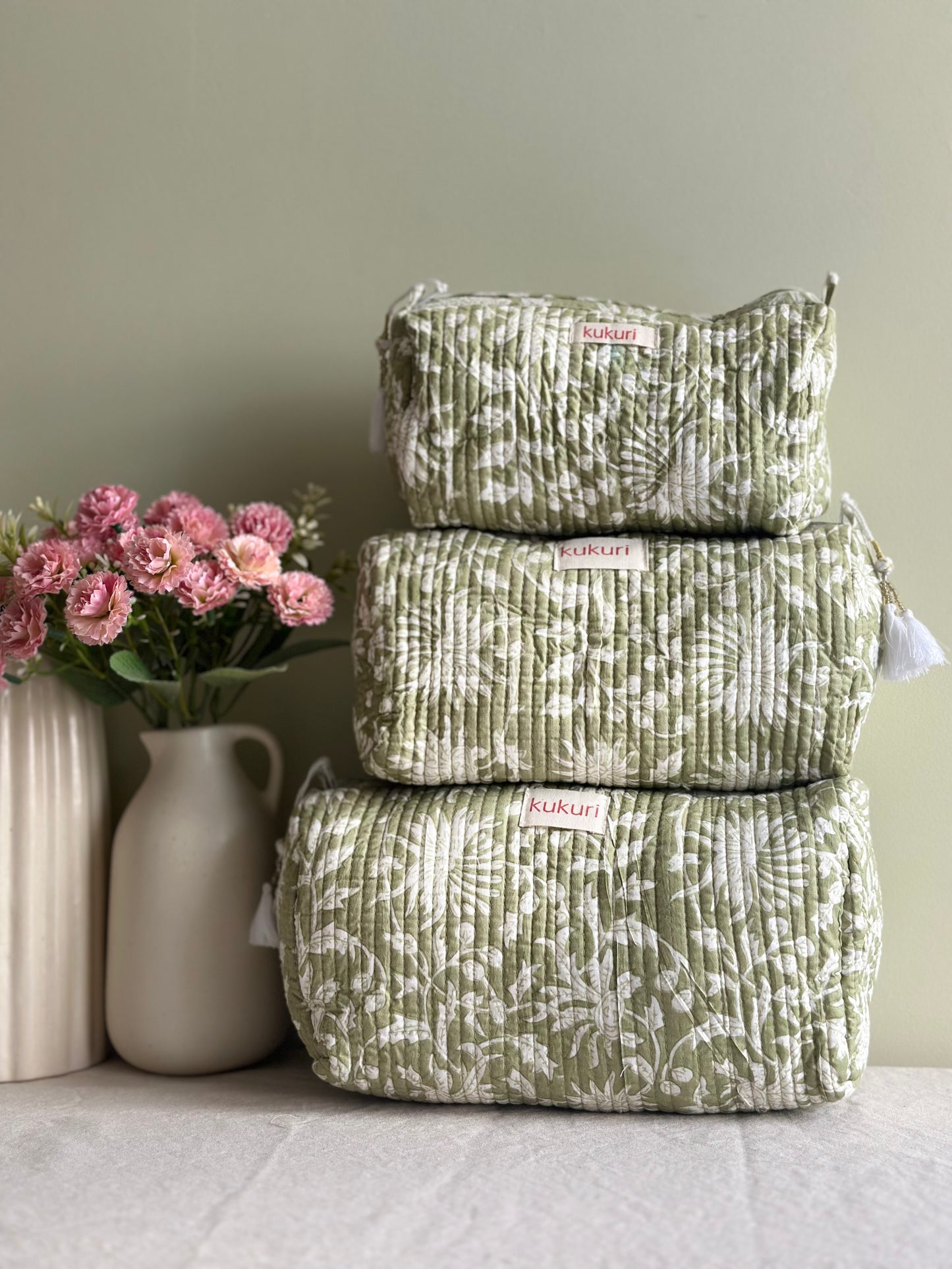 Soft Sage Floral Pouch (Set of 3)