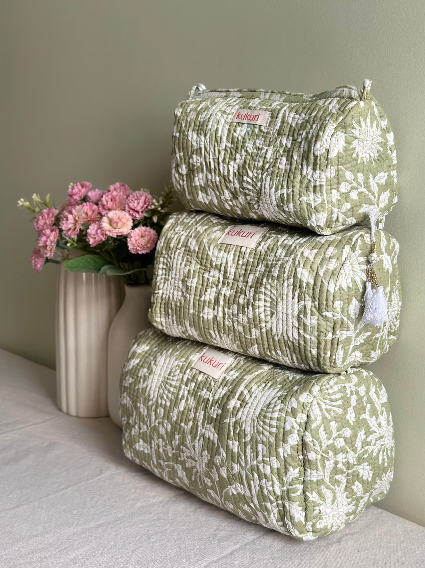 Soft Sage Floral Pouch (Set of 3)