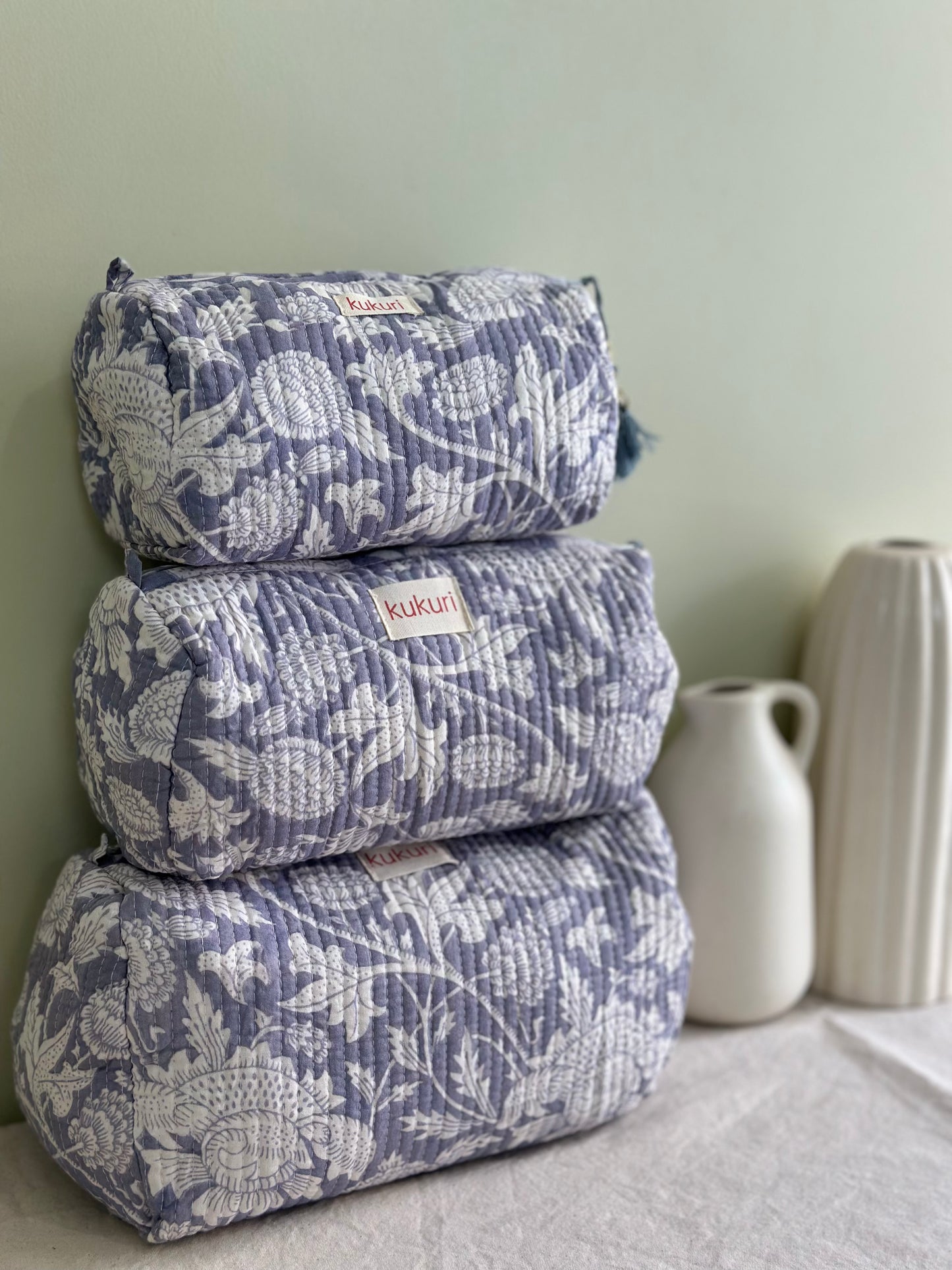 Grey-White Heritage Floral Print Pouches (Set of 3)