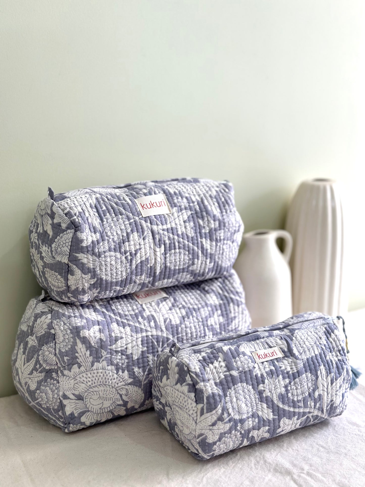 Grey-White Heritage Floral Print Pouches (Set of 3)