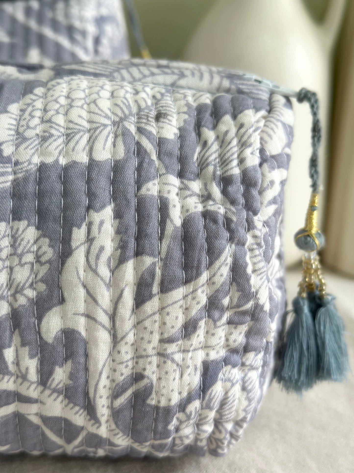 Grey-White Heritage Floral Print Pouches (Set of 3)