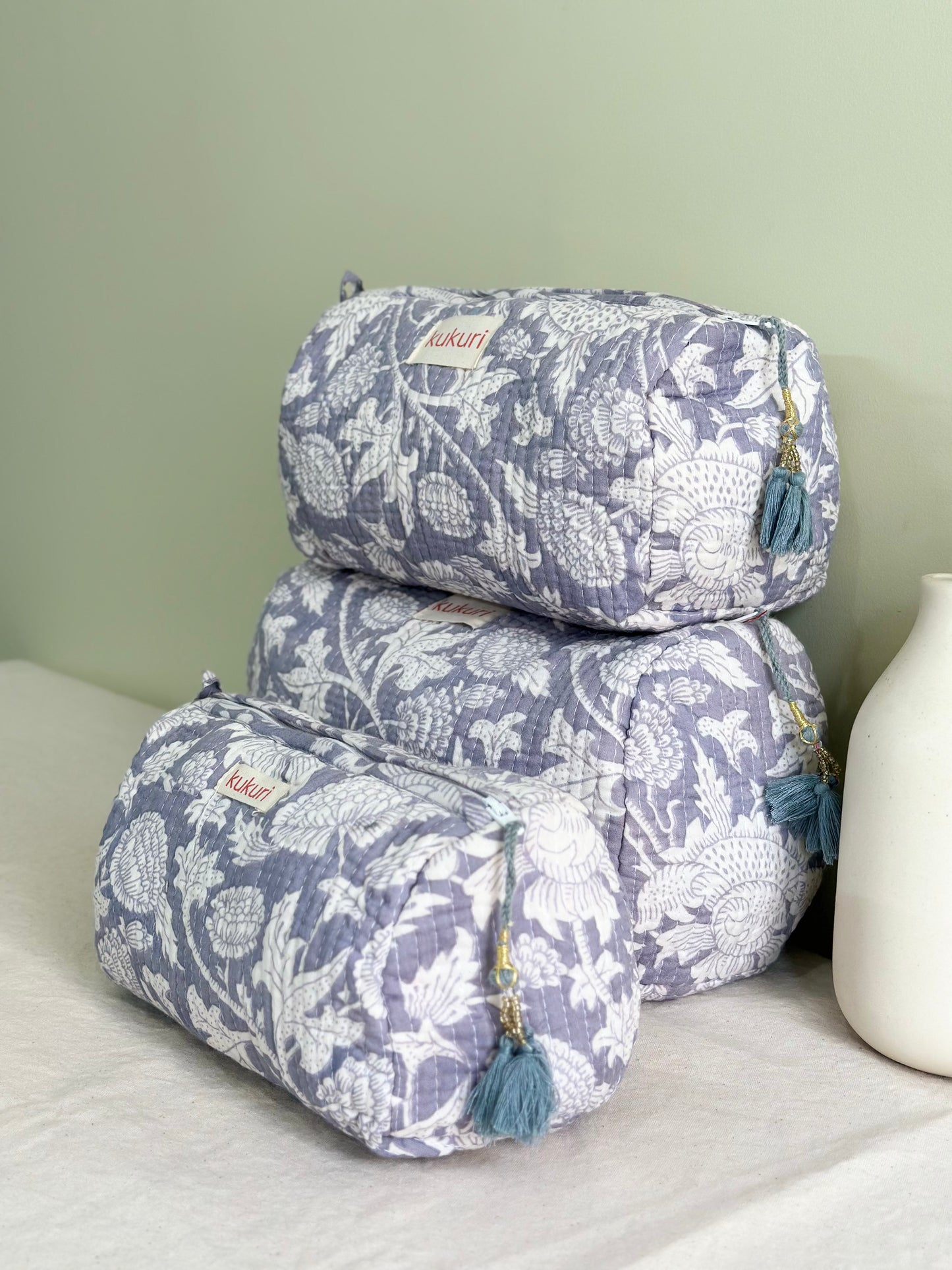 Grey-White Heritage Floral Print Pouches (Set of 3)